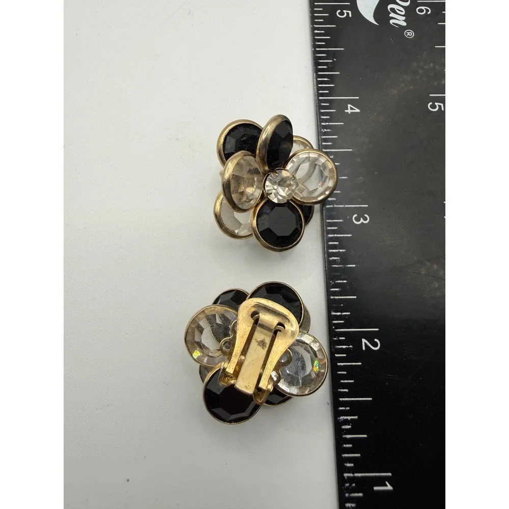 Vintage Gold Tone Black Clear Crystal Flower Clip On Statement Earrings 1 Inch
